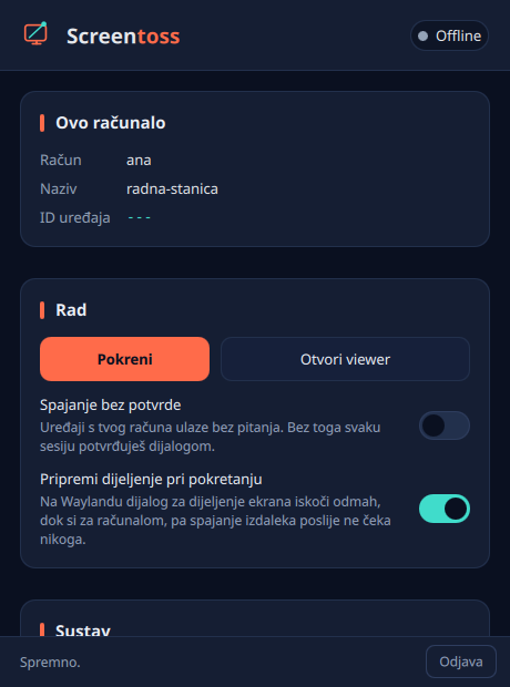 Kontrolni prozor Screentossa na Linuxu